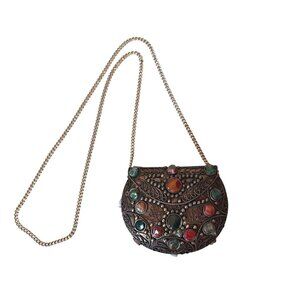 Vintage Sajai inlaid natural agate stones gems metal evening purse from India